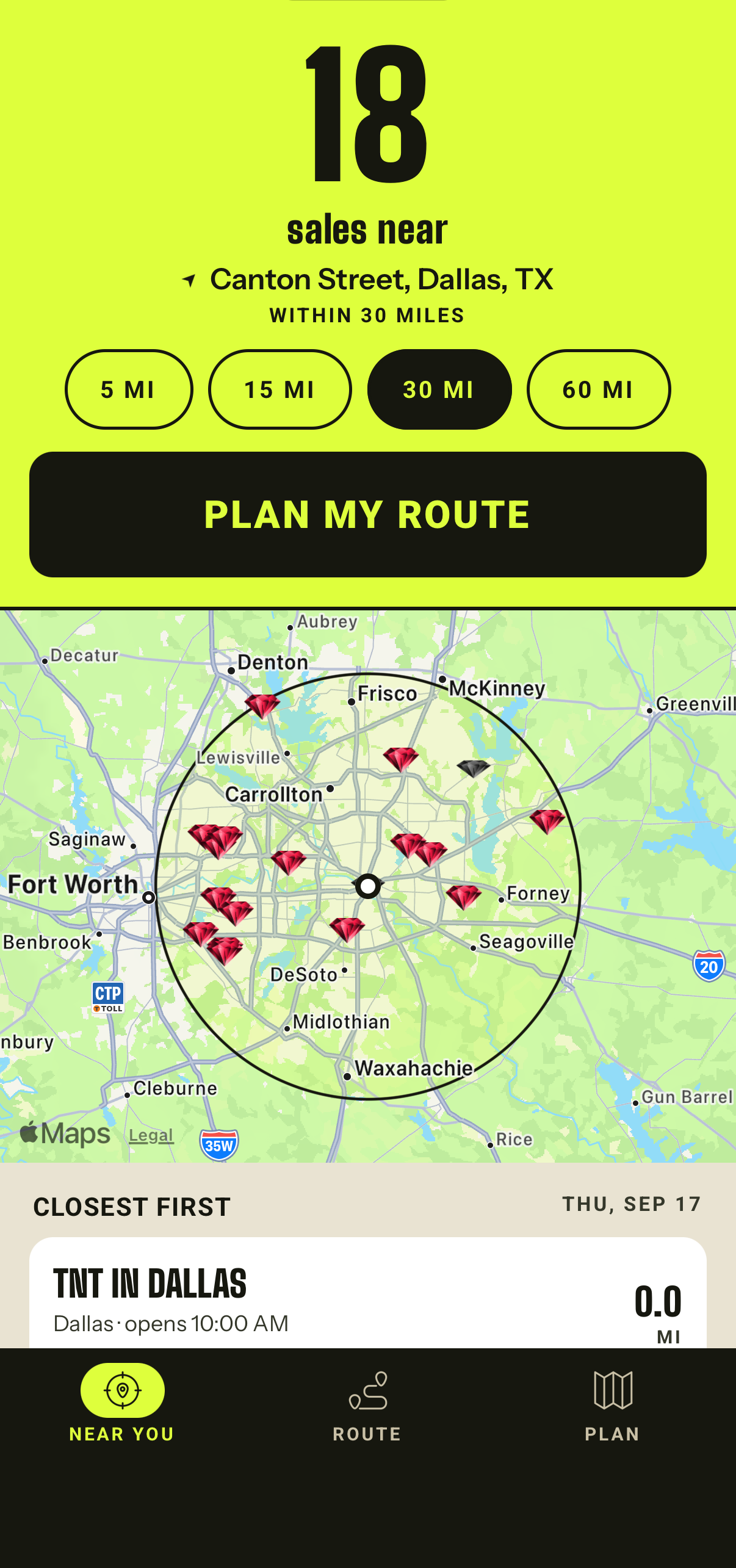18 estate sales within 30 miles of Dallas, mapped, with the nearest listed first