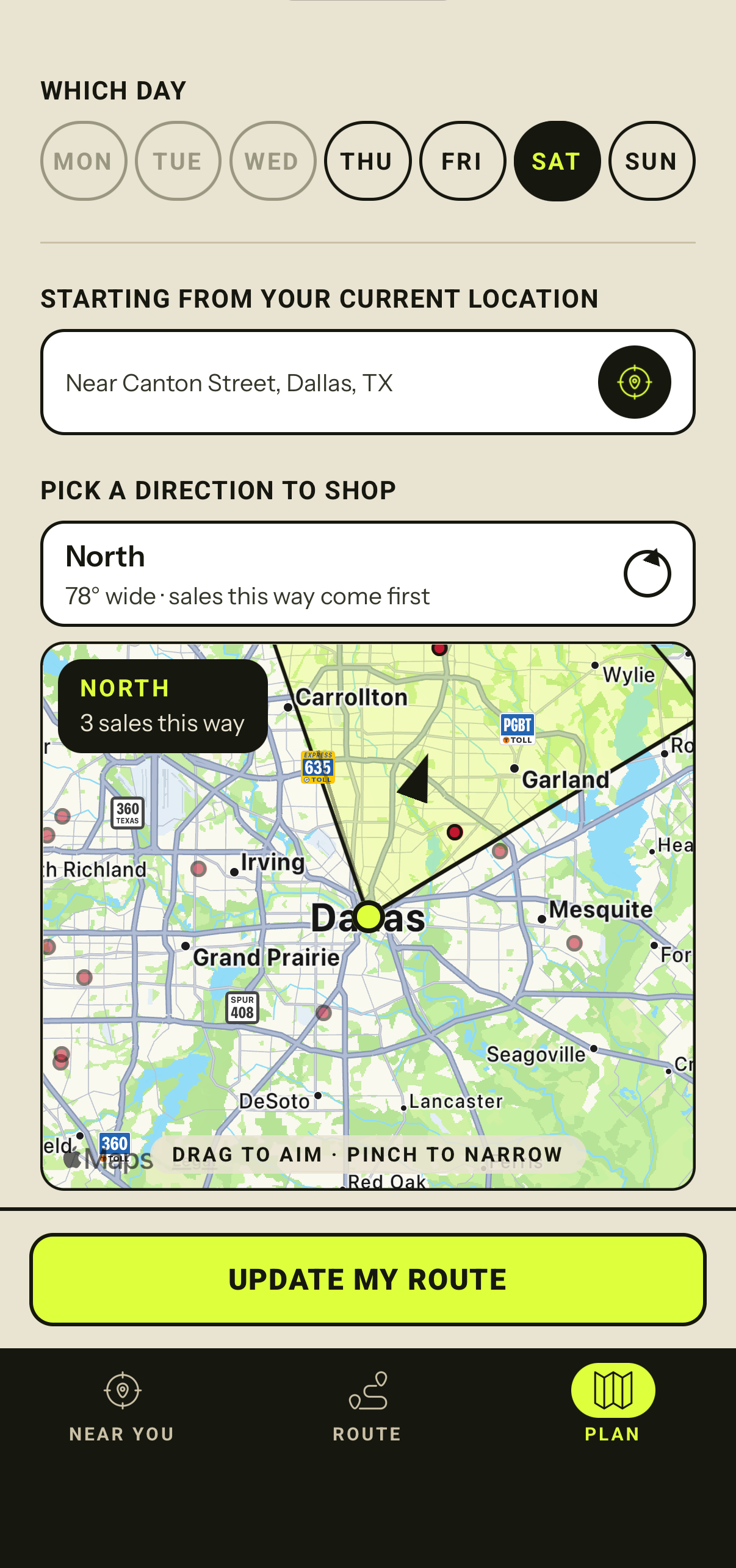 The plan screen: a day picker, a starting point, and a compass aimed north