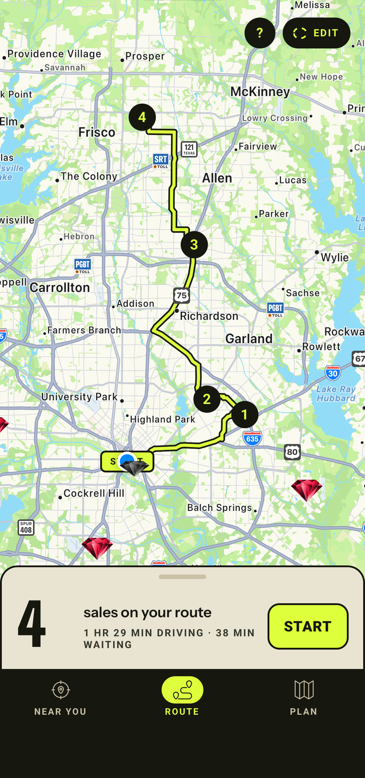 A four-stop route drawn across the metroplex, numbered in driving order